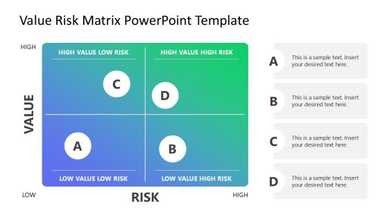 Value Risk Matrix slide with 2x2 grid, labeled axes, and circles in each quadrant for risk assessment in business projects.