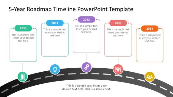5-Year Roadmap Timeline PowerPoint Slide with colorful milestones for 2030 to 2034, featuring icons and a dark road background.