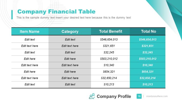 Data Table for Financial Information PPT