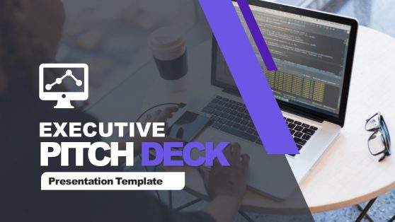 Executive Pitch Deck Slide Template with a modern design, featuring a computer icon and a blurred laptop image, ideal for business presentations.