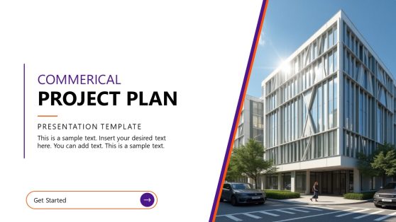 Cover slide for a commercial project plan featuring a modern building image and bold text layout.