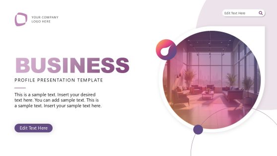 Cover slide of a professional business profile template featuring a modern office image and a bold title in purple tones.