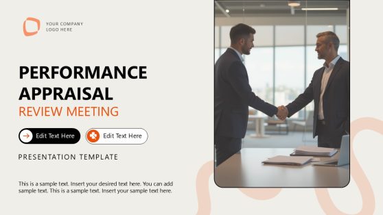 Performance Appraisal slide with title, handshake image, and editable text boxes for review meeting presentations.