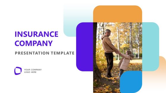 Cover slide of an Insurance Company presentation template featuring a family image with colorful geometric shapes.